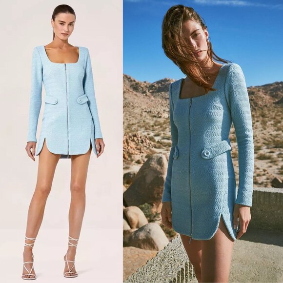 Alexis‎ Elvire Tweed Mini Dress Light Blue Cotton Long Sleeve Zip Front M - Picture 1 of 9